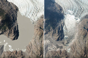 Ilustracja: Bezpłatny dostęp do zobrazowań Planet w ramach programu GeoSTART <br />
Lodowiec w Patagonii na zobrazowaniach Planet z 30 grudnia 2016 r. (z lewej) i 4 stycznia 2017 r. (z prawej)