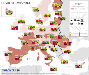 Ilustracja: Frontex zamawia mapy za 4 mln euro <br />
Restrykcje związane z pandemią COVID-19 - przykładowa mapa Frontexu