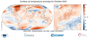 Ilustracja: Copernicus: październik 2021 r. trzecim najcieplejszym październikiem na świecie w historii pomiarów <br />
Anomalia temperatury powietrza na powierzchni w październiku 2021 r. w stosunku do średniej październikowej z okresu 1991?2020. Źródło: ECMWF