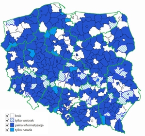 Ilustracja: Informatyzacja narad koordynacyjnych już w 3/4 powiatów <br />
Aktualny stan informatyzacji narad (fot. Geoportal.gov.pl)