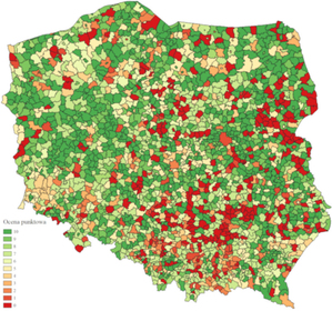 Ilustracja: Coraz lepszy stan danych i usług planistycznych <br />
Rozkład wyników w podziale na gminy