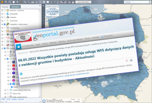 Ilustracja: Dwa lata usług WFS we wszystkich powiatach <br />
Na fot: wyniki walidacji usług WFS w serwisie www.polska.e-mapa.net oraz zrzut wiadomości ze strony Geoportal.gov.pl sprzed dwóch lat (już niedostępnej, usuniętej wraz ze zmianą strony)