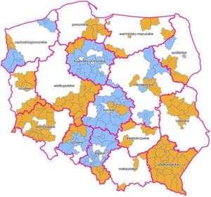 Ilustracja: Województwa aktualizują BDOT10k również własnymi siłami <br />
Plan aktualizacji BDOT10k. Kolor niebieski - działania GUGiK, kolor pomarańczowy - działania urzędów marszałkowskich 