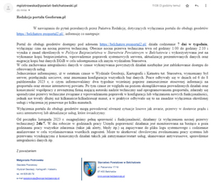 Ilustracja: Pierwsze powiaty tłumaczą, dlaczego ich portale nie działały w weekend <br />
Mail z powiatu bełchatowskiego